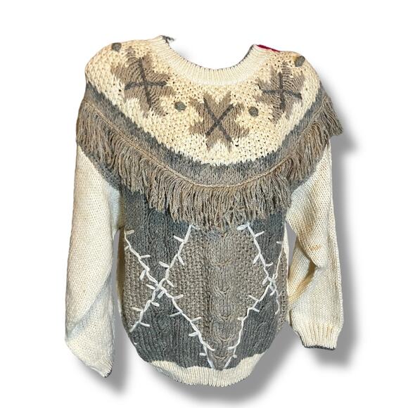 Vintage Huntington Ridge Hand Knit Fringe Sweater L Cream Gray Nordic Western - Picture 2 of 7